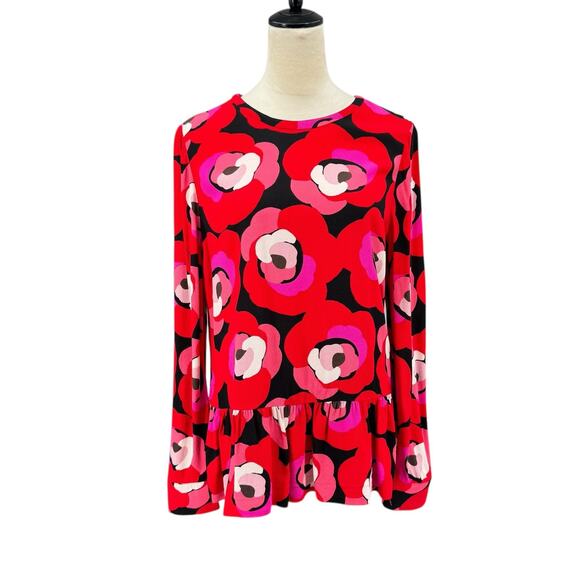 Kate Spade New York Deco Rose Orient Red Crepe Print Long Sleeve Peplum Blouse - Picture 4 of 15